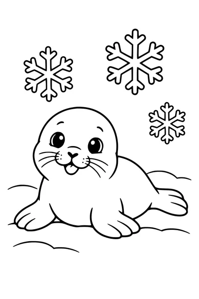 Coloriage : Bébé phoque sous les flocons.