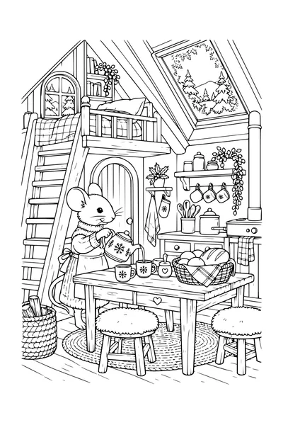 Coloriage : Cuisine d’hiver douillette avec un escalier sous le toit d’hiver.