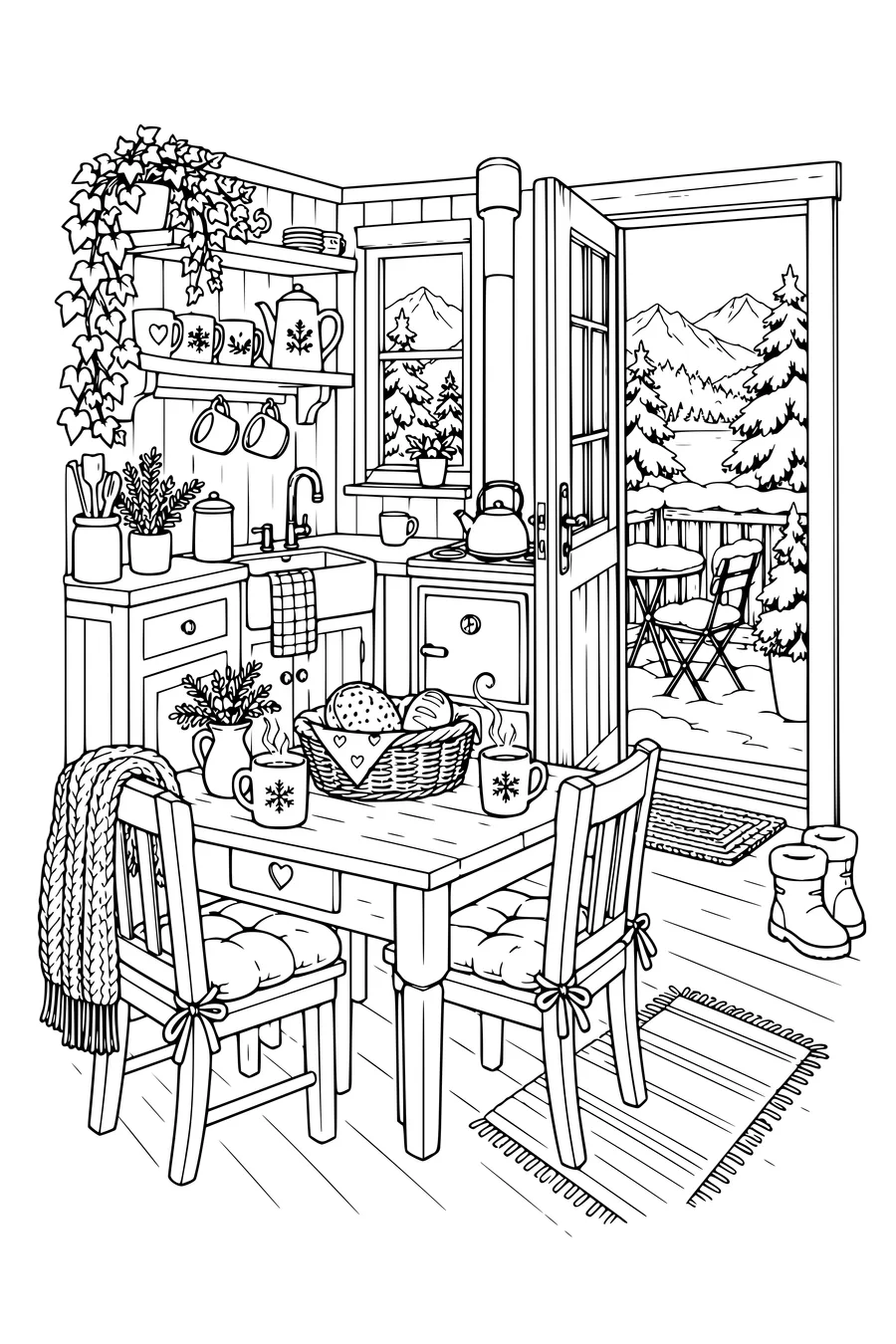 Coloring page: Cozy winter kitchen beside a snowy terrace.