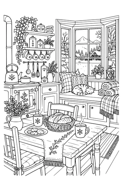 Coloriage : Cuisine d’hiver douillette avec vue sur l’hiver.