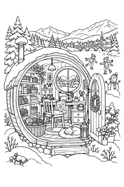 Coloriage : Atelier de couture douillet avec vue sur les montagnes.