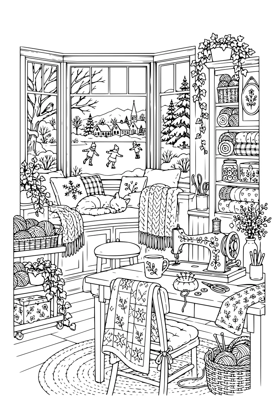 Ausmalbild: Gemütliches Nähzimmer mit Winterausblick.