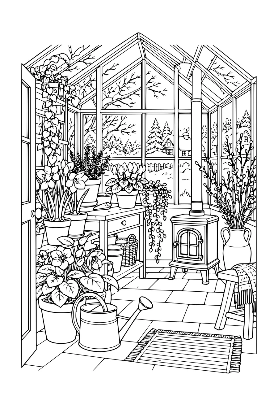 Coloriage : Serre d’hiver douillette avec un poêle chaleureux.