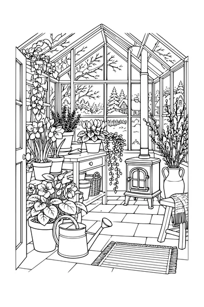Coloriage : Serre d’hiver douillette avec un poêle chaleureux.