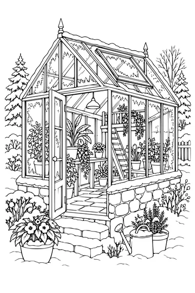 Coloriage : Serre d’hiver douillette avec un escalier sous le toit d’hiver.