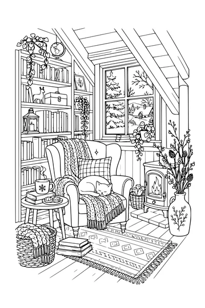 Coloriage : Coin lecture sous les combles avec un poêle chaleureux.