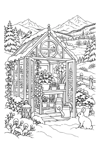 Coloriage : Serre d’hiver douillette avec vue sur les montagnes.
