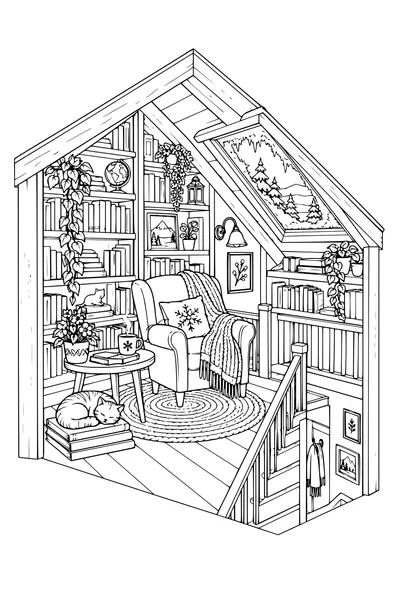 Coloriage : Coin lecture sous les combles avec un escalier sous le toit d’hiver.