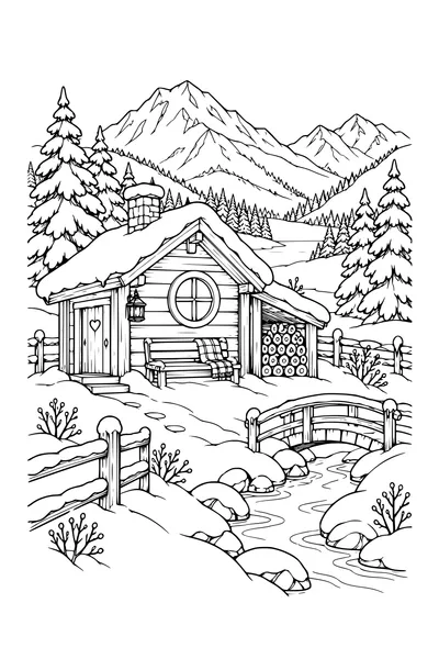 Coloriage : Chalet douillet avec vue sur les montagnes.