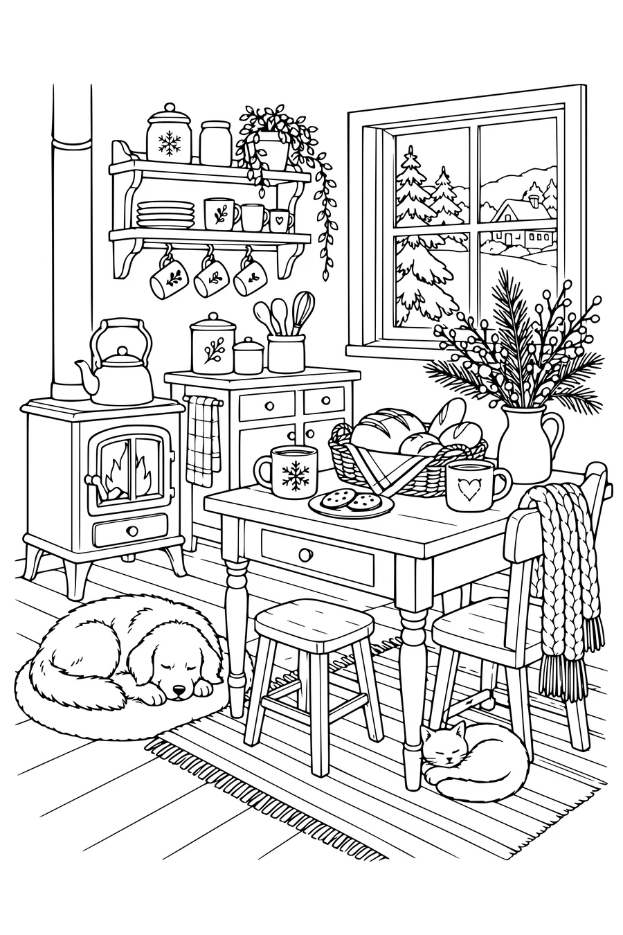 Coloring page: Cozy winter kitchen with a warm stove.