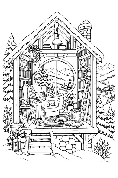 Coloriage : Coin lecture sous les combles avec vue sur les montagnes.
