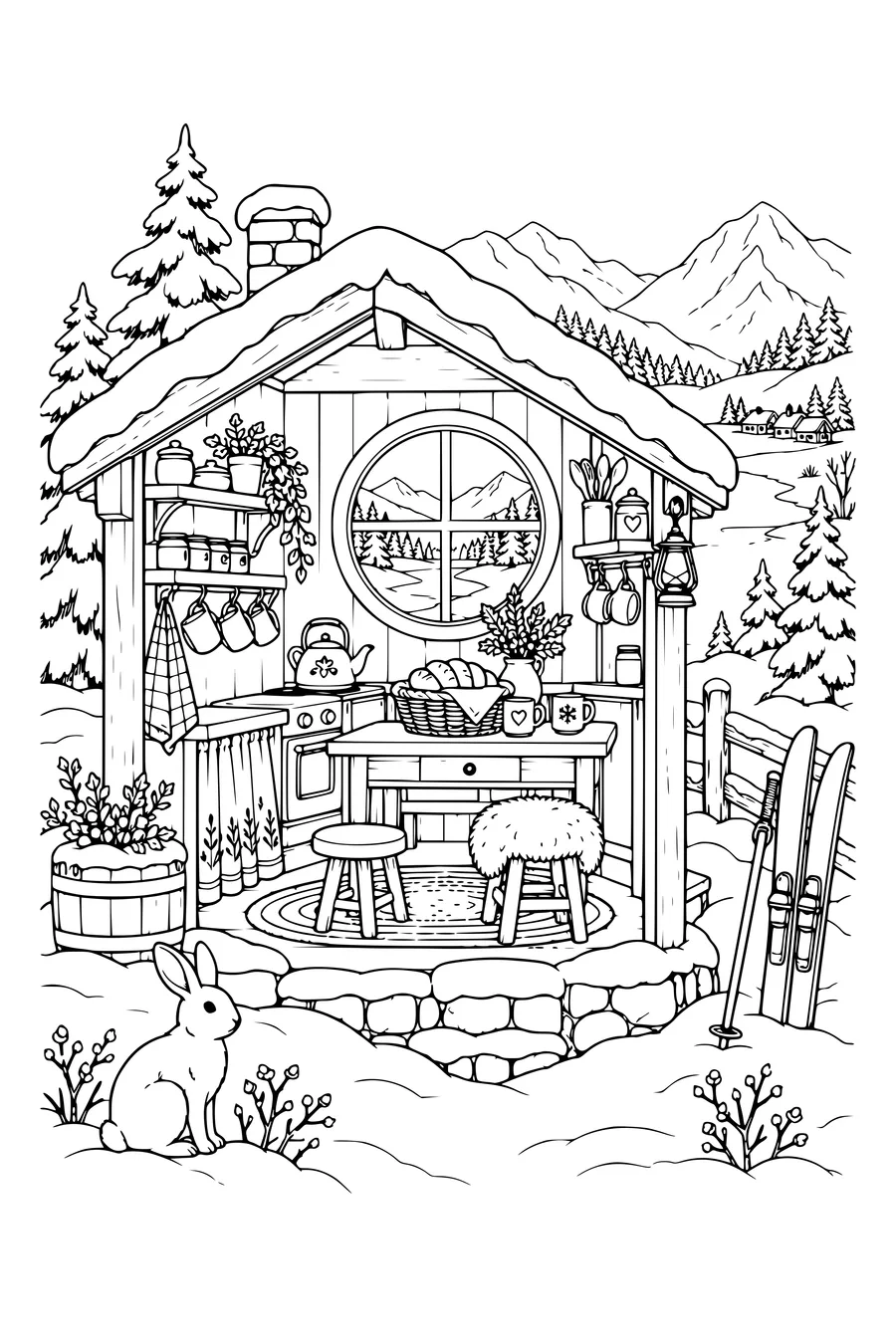 Coloring page: Cozy winter kitchen with a mountain view.