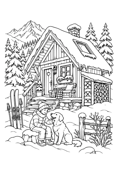 Coloriage : Chalet douillet avec un escalier sous le toit d’hiver.