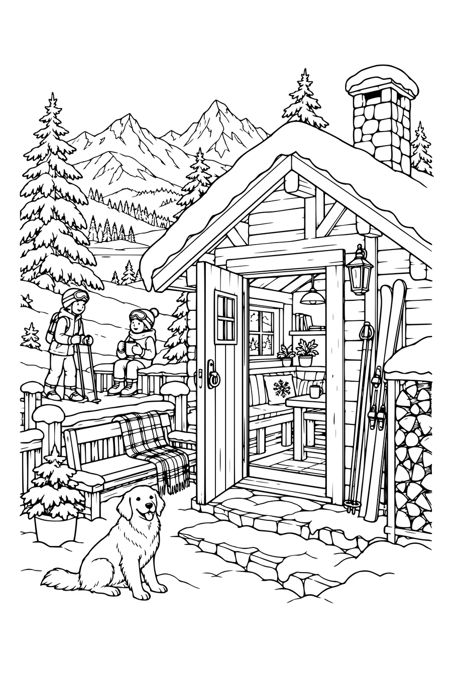 Ausmalbild: Gemütliche Berghütte bei einer verschneiten Terrasse.