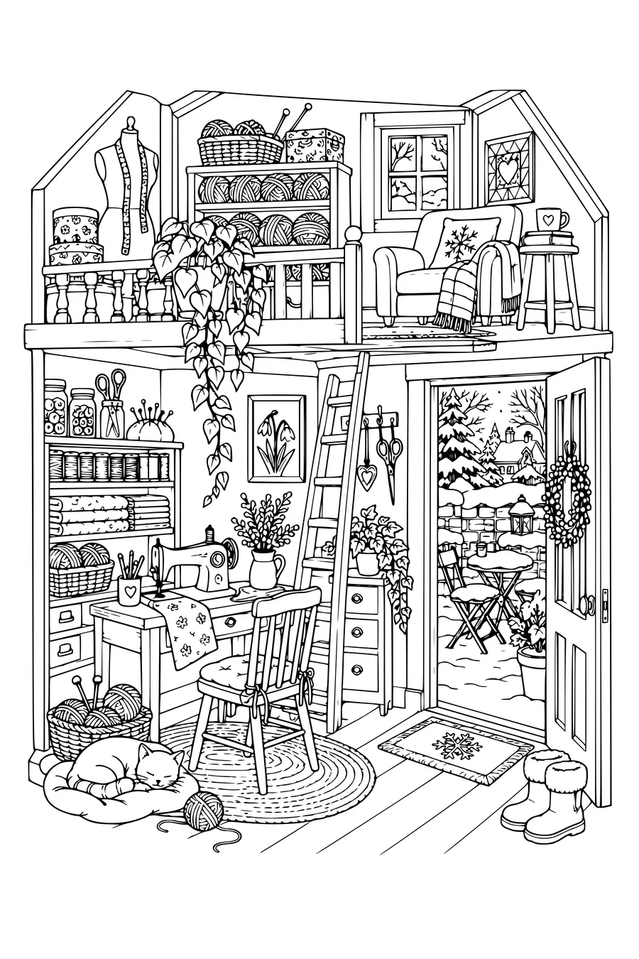 Coloriage : Atelier de couture douillet près d’une terrasse enneigée.
