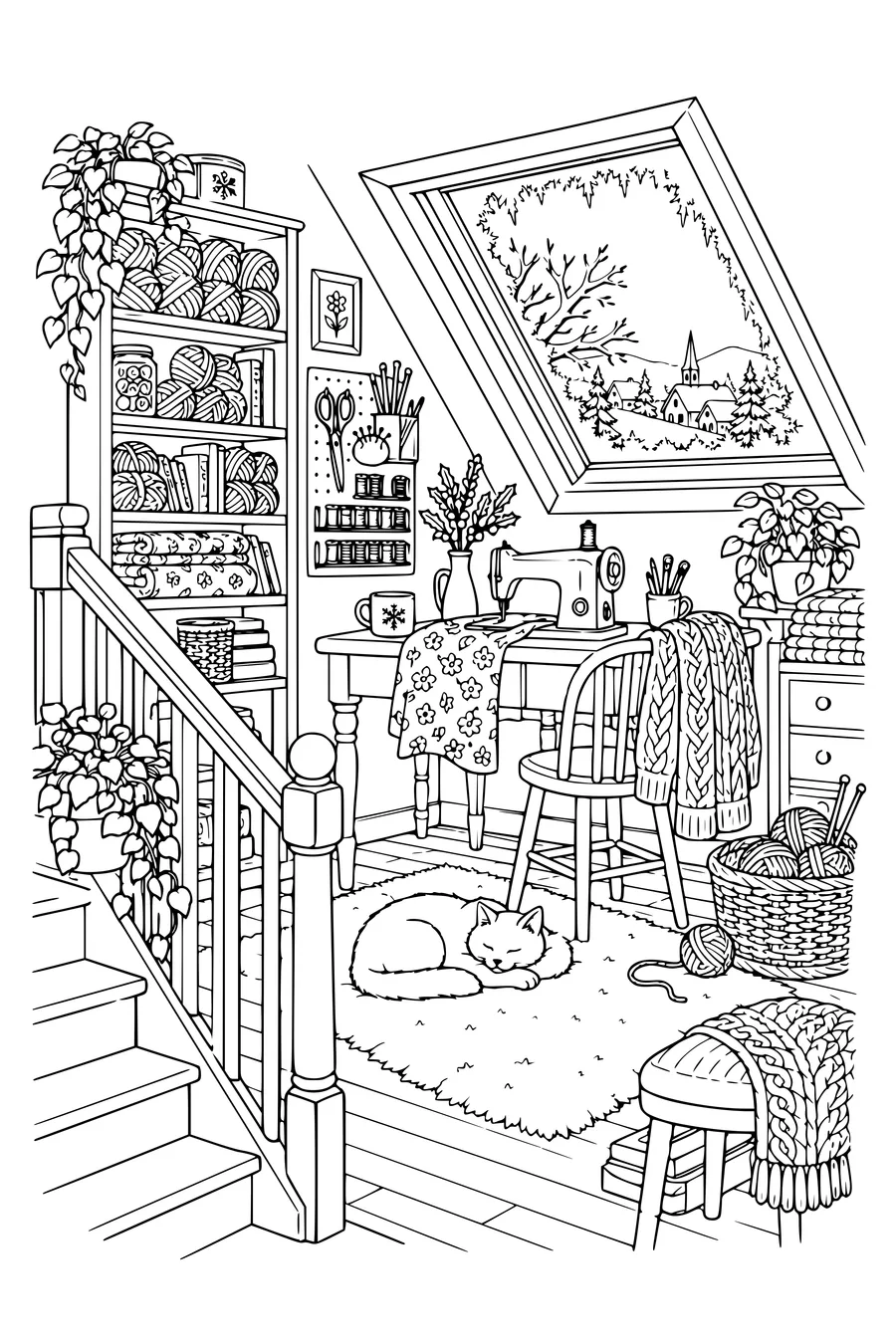 Ausmalbild: Gemütliches Nähzimmer mit Treppe unter dem Winterdach.
