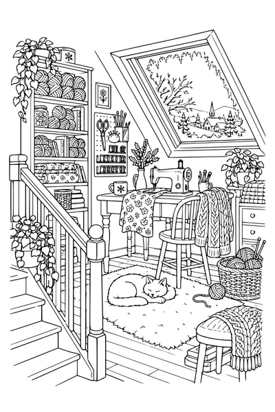 Coloriage : Atelier de couture douillet avec un escalier sous le toit d’hiver.
