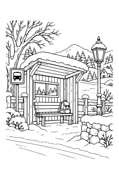 Coloriage : Abribus en bois près d’une clôture et d’une lanterne.