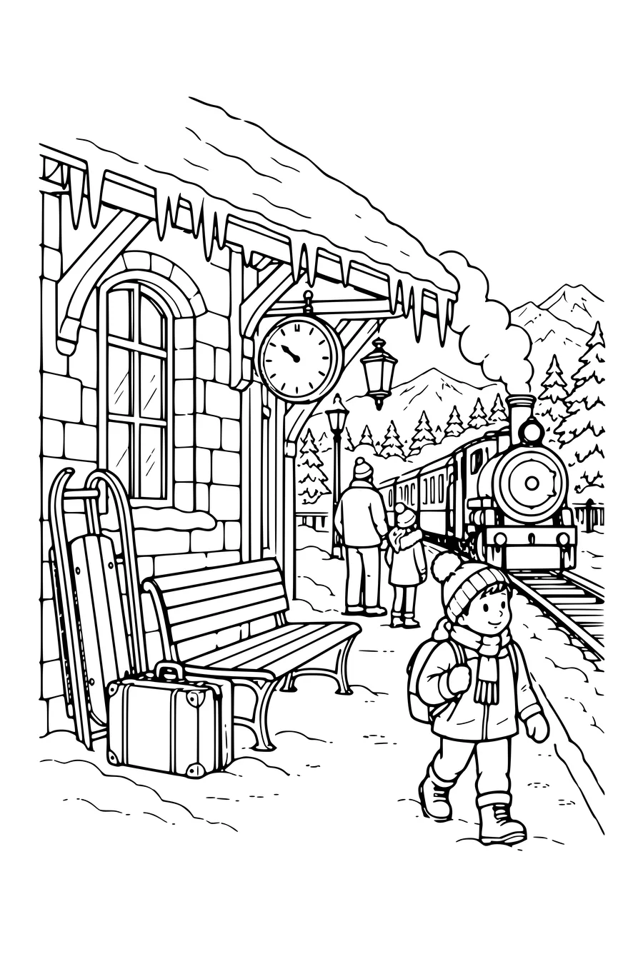 Ausmalbild: Kleiner Bahnhof mit Schlitten und Eiszapfen.