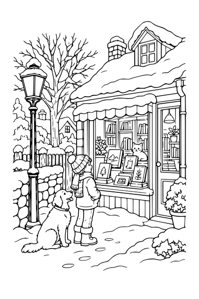 Coloriage : Petite librairie près d’une clôture et d’une lanterne.