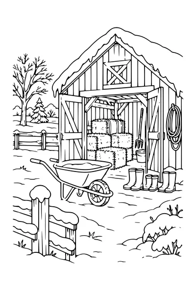 Coloriage : Grange de ferme avec des bottes à l’entrée.
