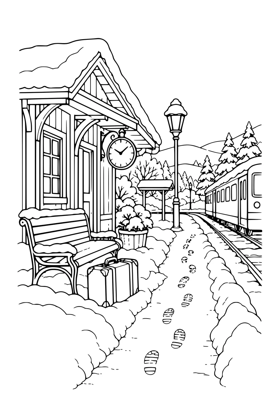 Ausmalbild: Kleiner Bahnhof mit Fußspuren im Schnee.