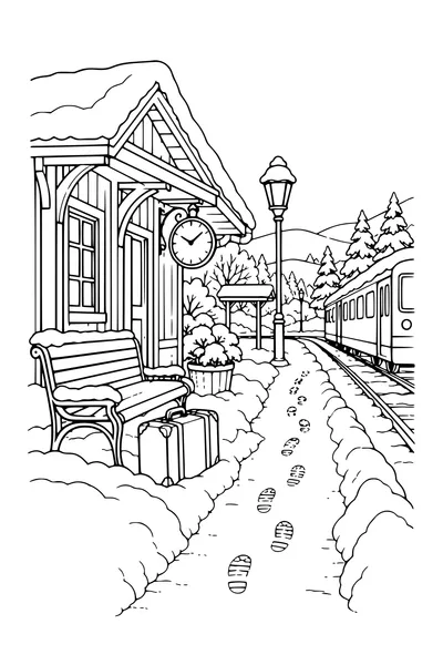 Coloriage : Petite gare avec des pas dans la neige.