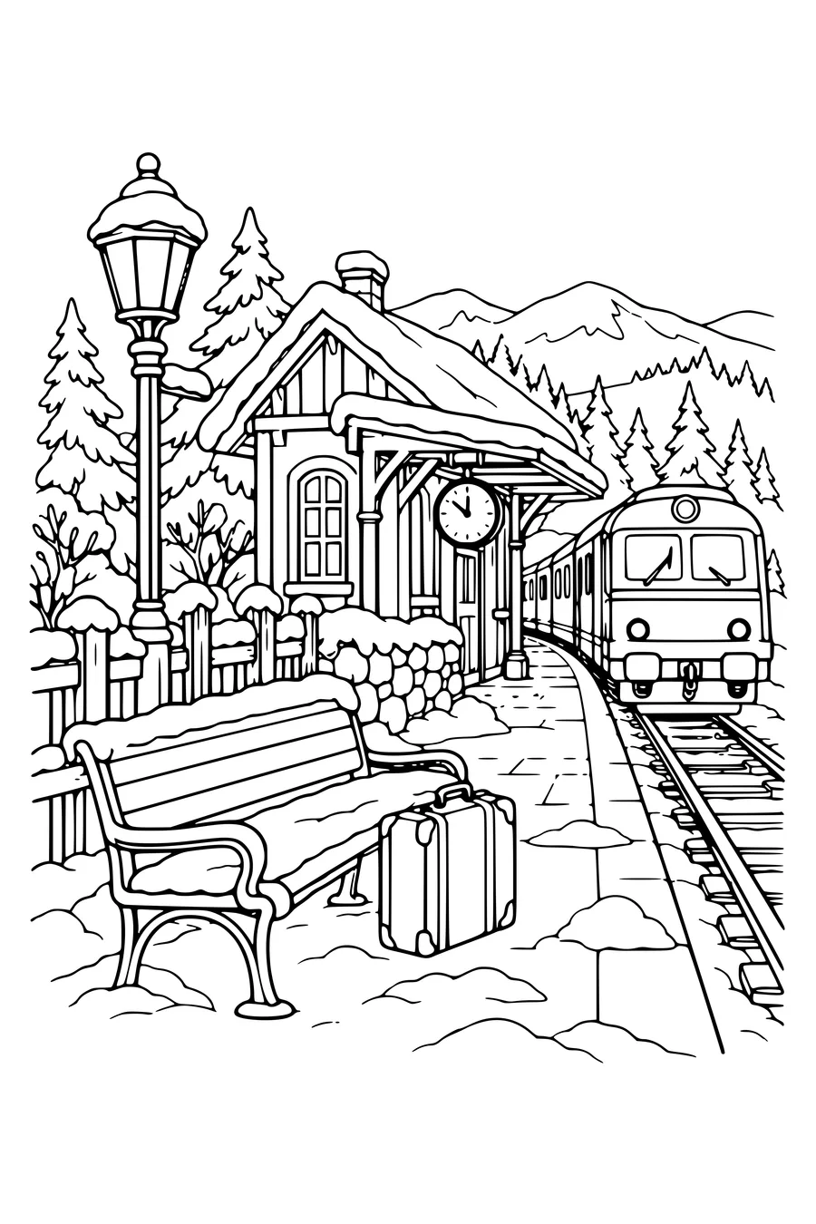 Ausmalbild: Kleiner Bahnhof bei Zaun und Laterne.