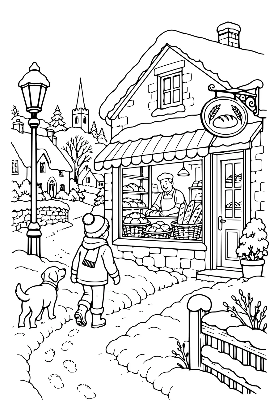 Ausmalbild: Dorfbäckerei mit Fußspuren im Schnee.