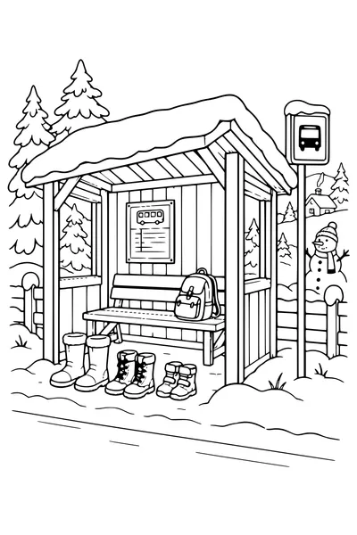 Coloriage : Abribus en bois avec des bottes à l’entrée.