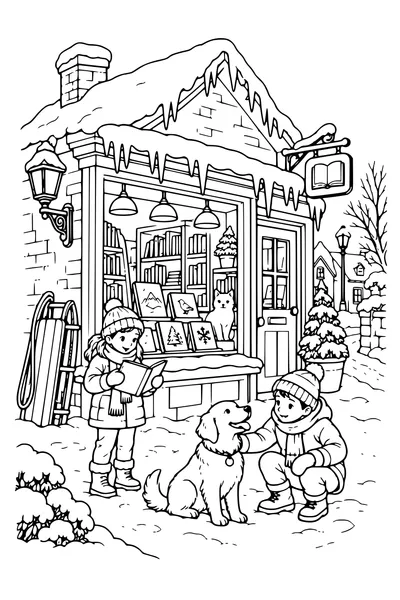 Coloriage : Petite librairie avec une luge et des glaçons.