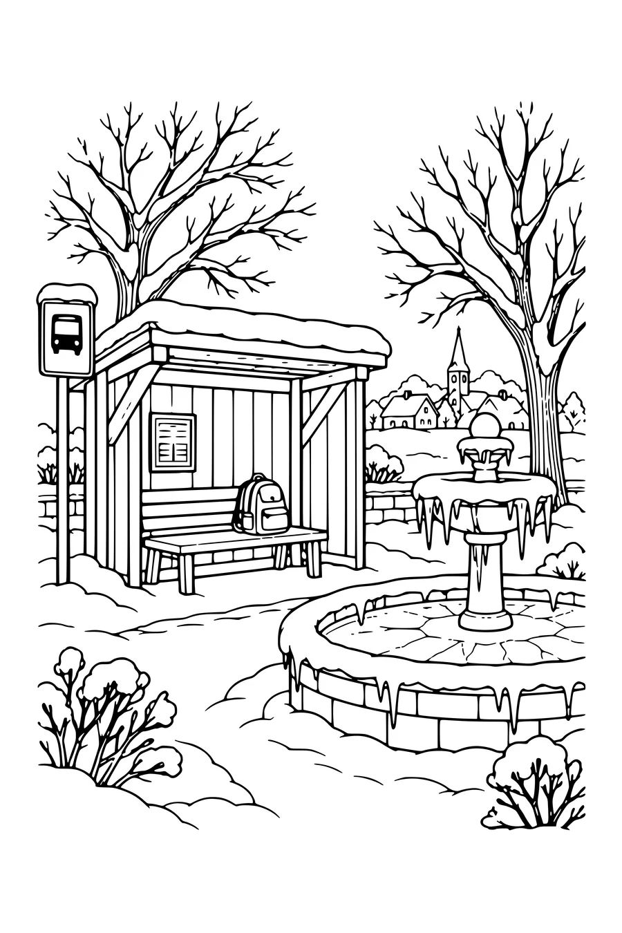 Ausmalbild: Bushaltestelle aus Holz am gefrorenen Brunnen.