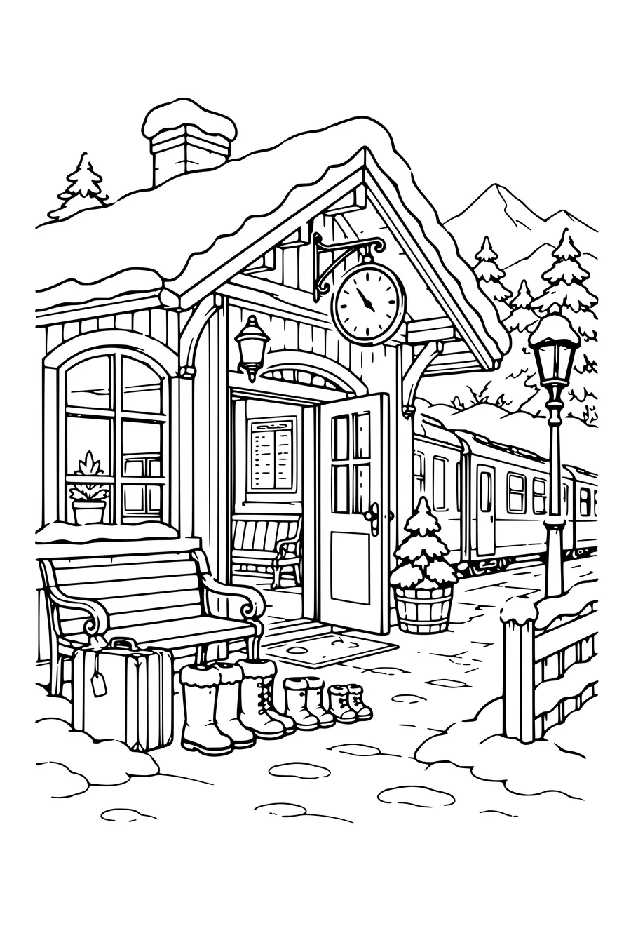 Ausmalbild: Kleiner Bahnhof mit Winterstiefeln am Eingang.