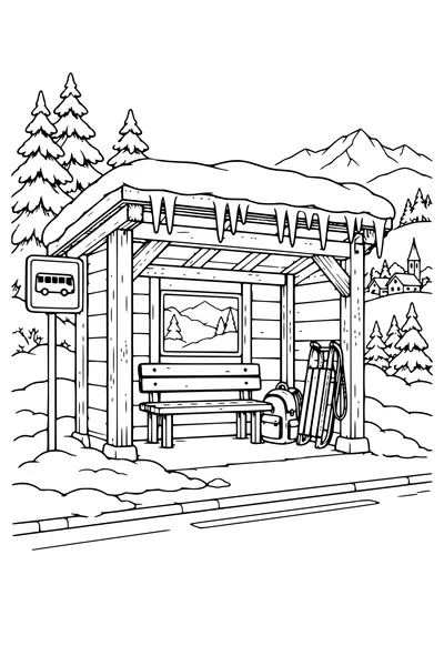 Coloriage : Abribus en bois avec une luge et des glaçons.
