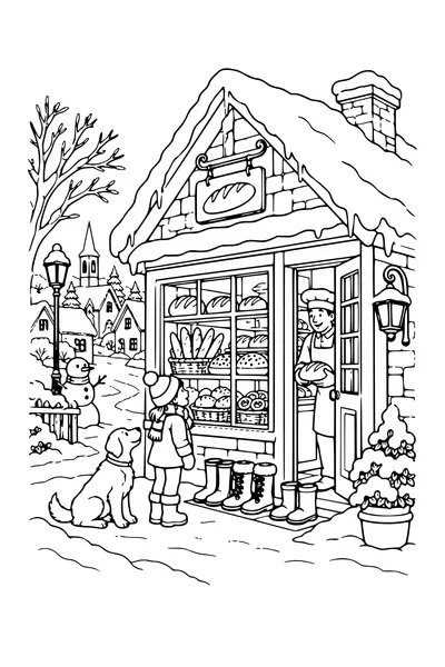 Coloriage : Boulangerie du village avec des bottes à l’entrée.
