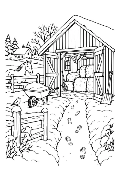 Coloriage : Grange de ferme avec des pas dans la neige.