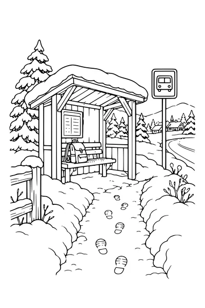 Coloriage : Abribus en bois avec des pas dans la neige.