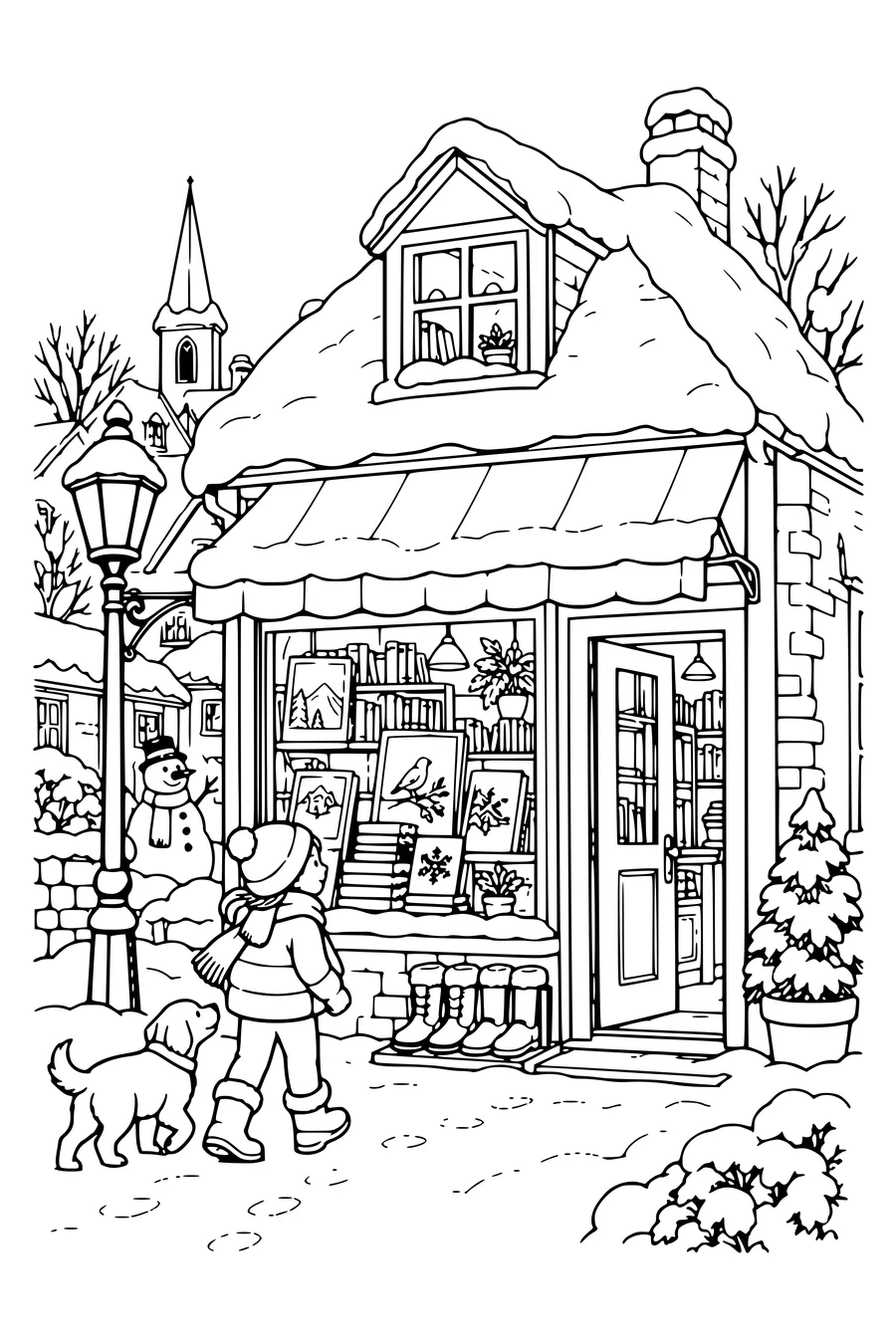 Ausmalbild: Kleine Buchhandlung mit Winterstiefeln am Eingang.