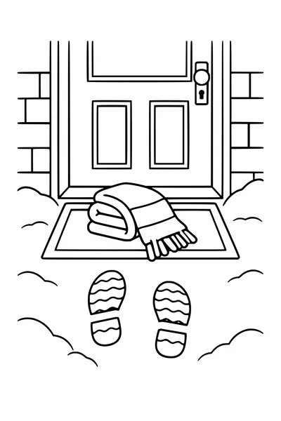 Coloriage : Écharpe d’hiver près de la porte et des empreintes.