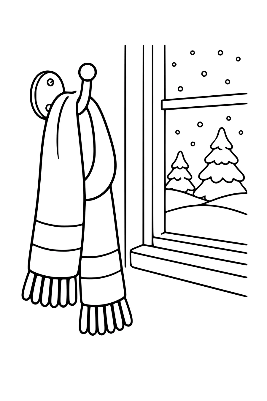 Ausmalbild: Winterschal am Haken neben dem Fenster.