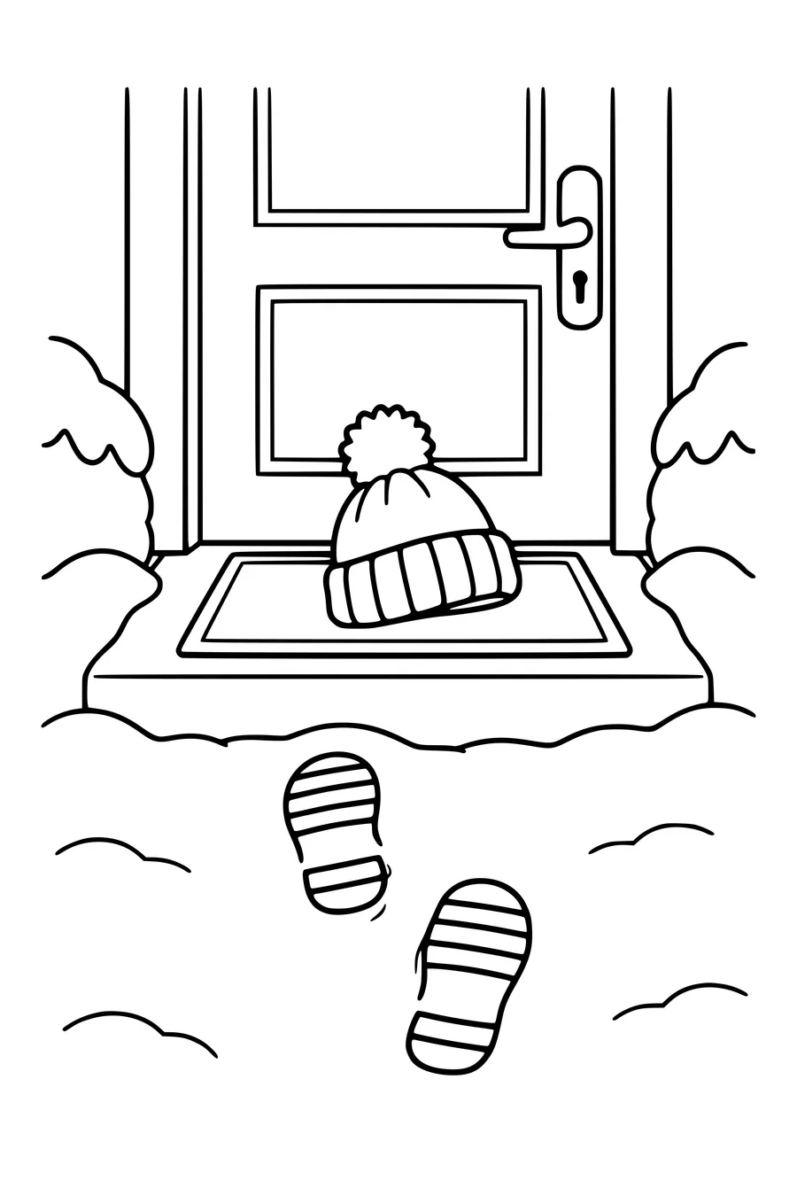 Coloriage : Bonnet d’hiver près de la porte et des empreintes.