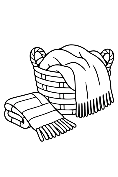 Coloriage : Écharpe d’hiver près d’un panier et d’une couverture.