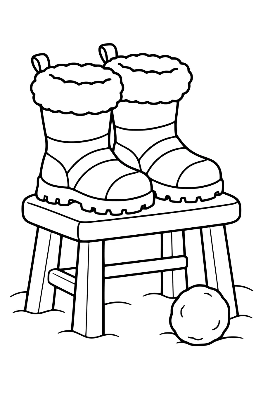 Coloring page: Snow boots on a stool.