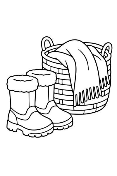 Coloriage : Bottes de neige près d’un panier et d’une couverture.