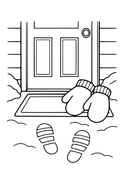 Coloriage : Moufles près de la porte et des empreintes.