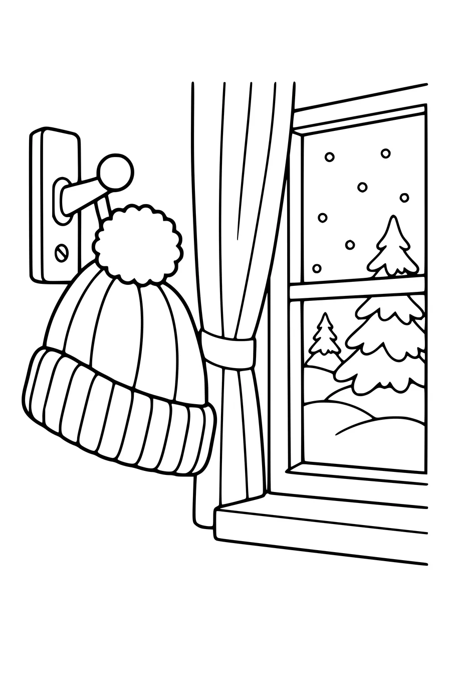 Ausmalbild: Wintermütze am Haken neben dem Fenster.