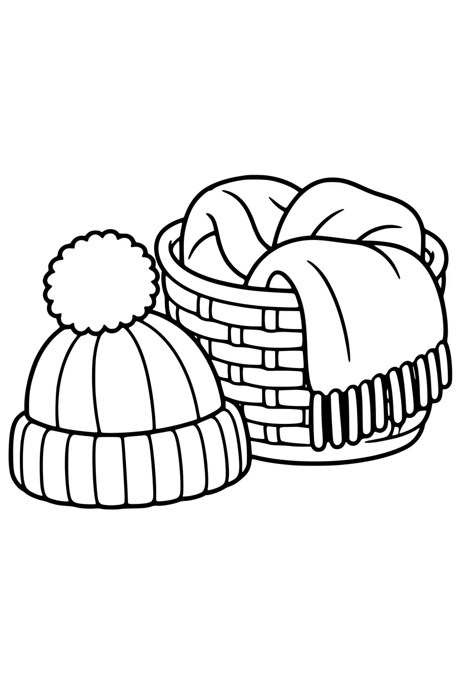 Ausmalbild: Wintermütze bei Korb und Decke.