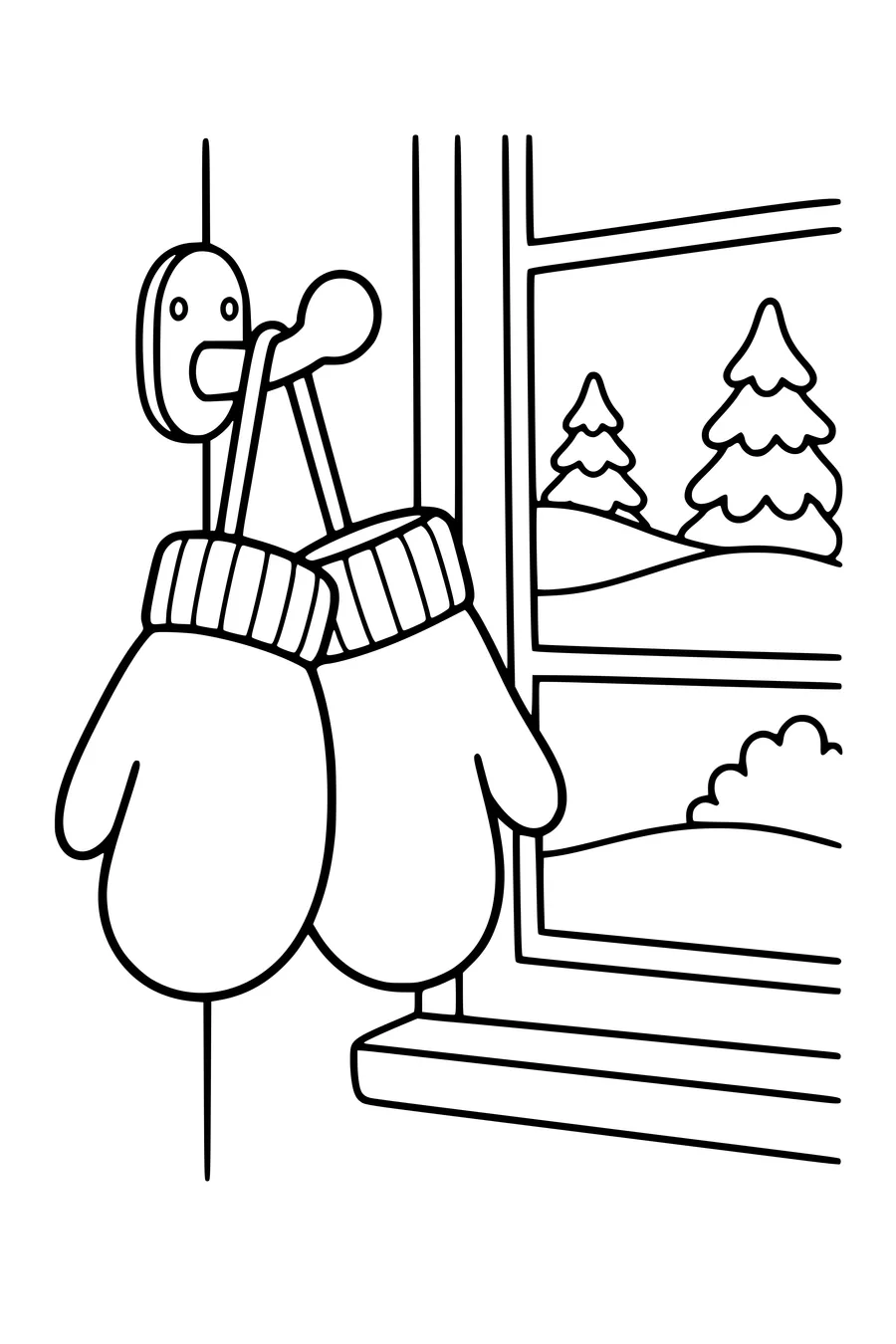 Ausmalbild: Fäustlinge am Haken neben dem Fenster.