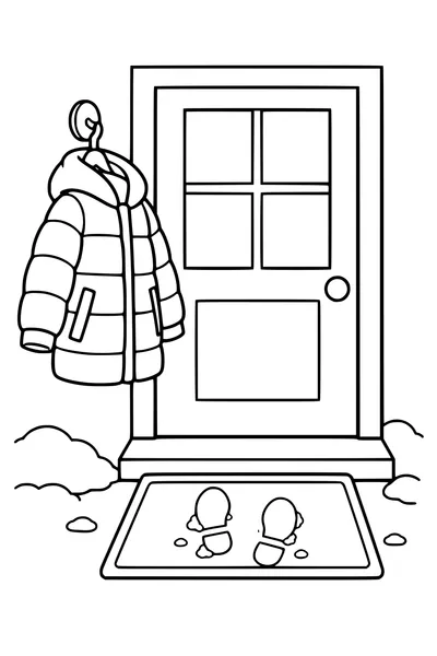 Coloriage : Manteau d’hiver près de la porte et des empreintes.