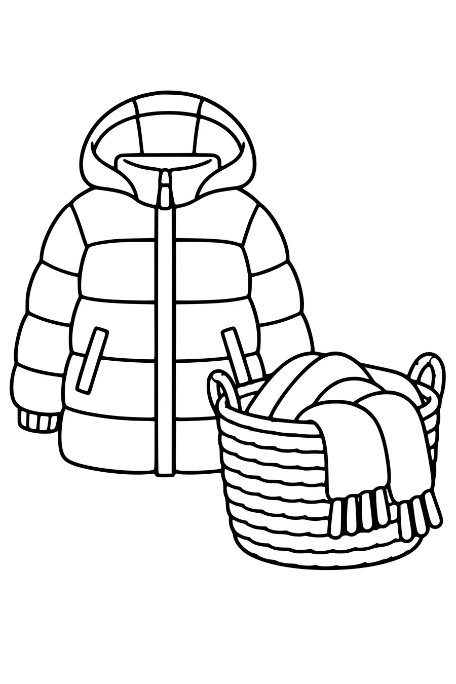 Ausmalbild: Winterjacke bei Korb und Decke.